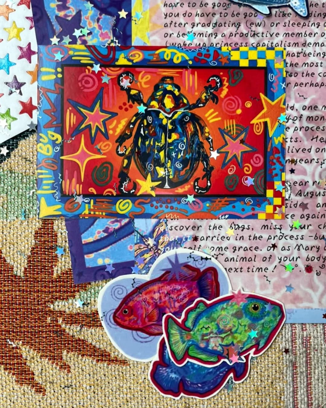 Mail Pack 1 — beetle postcard and fish stickers, flat lay