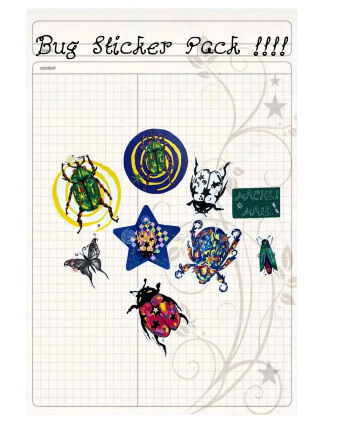 Bugs sticker pack — nine hand-drawn bug stickers
