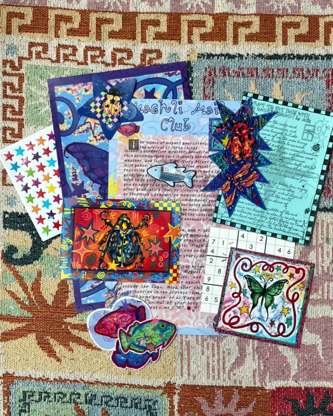 Mail Pack 2 — letter, postcard, prints and stickers, flat lay