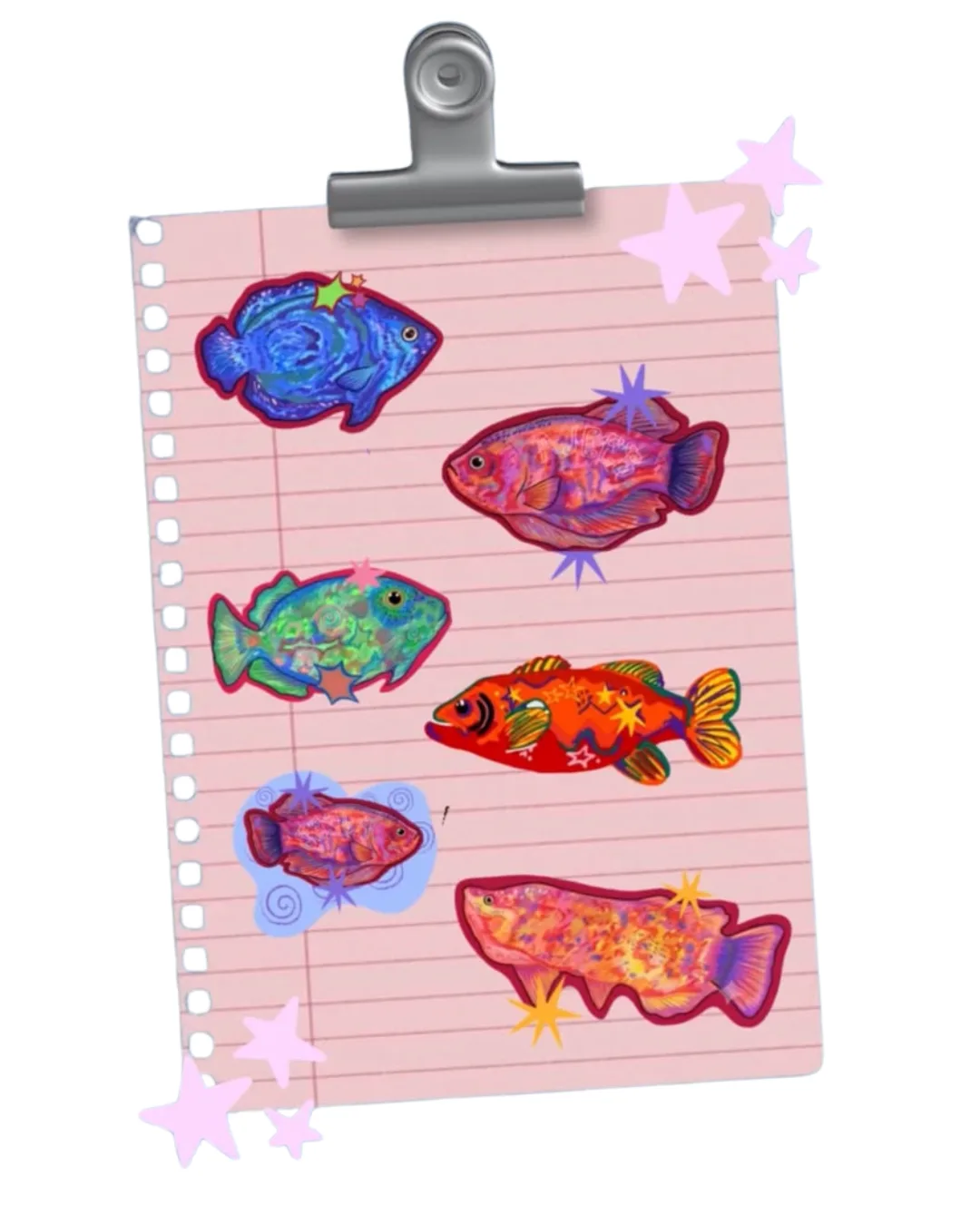 Fish sticker pack — six hand-drawn fish stickers on a clipboard